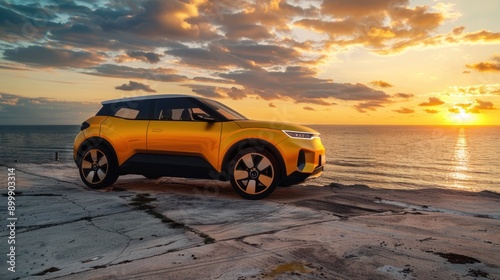 Golden hour seaside cliffside view of a yellow electric suv