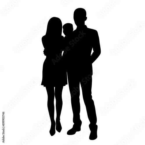 A romantic couple standing with child vector silhouette, stand with expensive shoes, isolated white background (1)