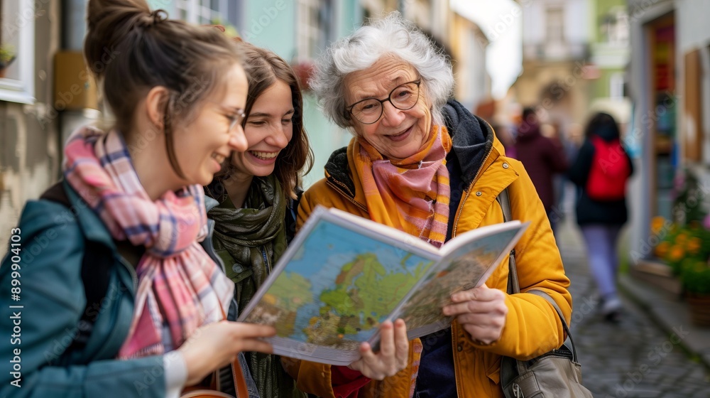 Fun, friends, travel and tourism concept. Beautiful girls looking for direction in the city Fun, friends, travel and tourism concept. Beautiful girls looking for direction in the city