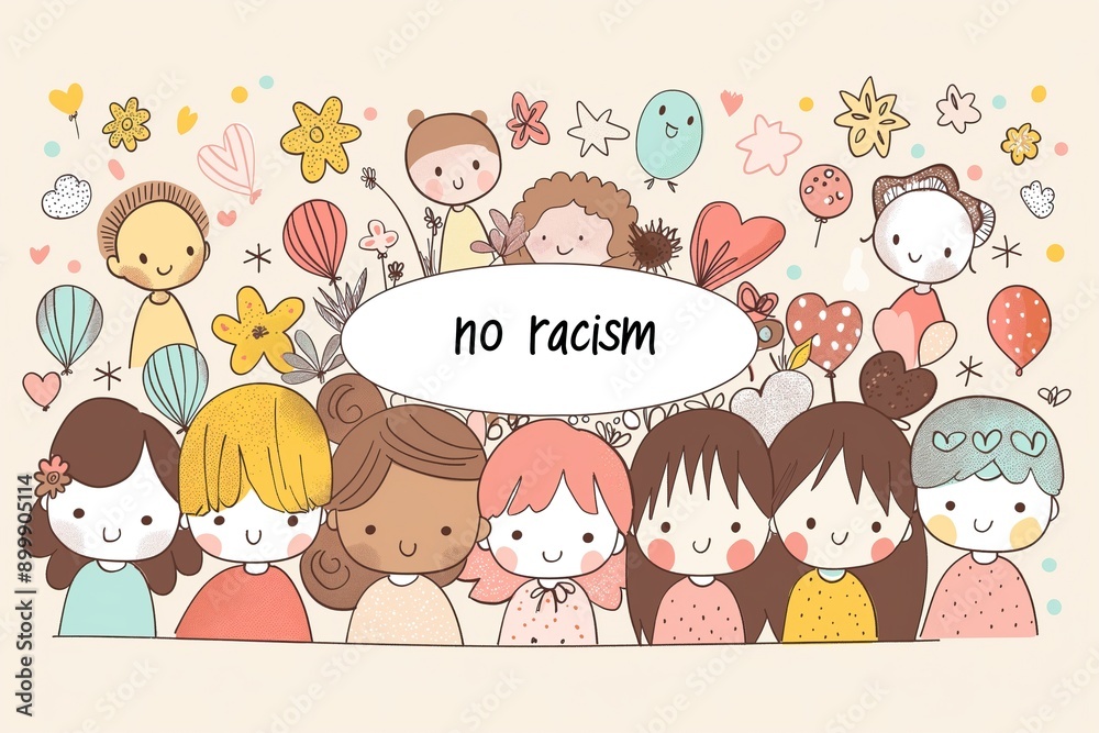 Naklejka premium Cute hand drawn illustration with cute cartoon girls and boys with the words no racism.