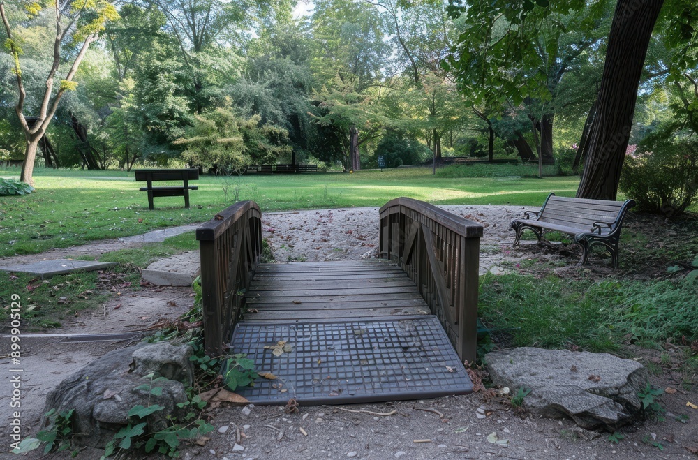 narrow rubber walkway bridge with steel frames and wooden planks over the path in the park narrow rubber walkway bridge with steel frames and wooden planks over the path in the park