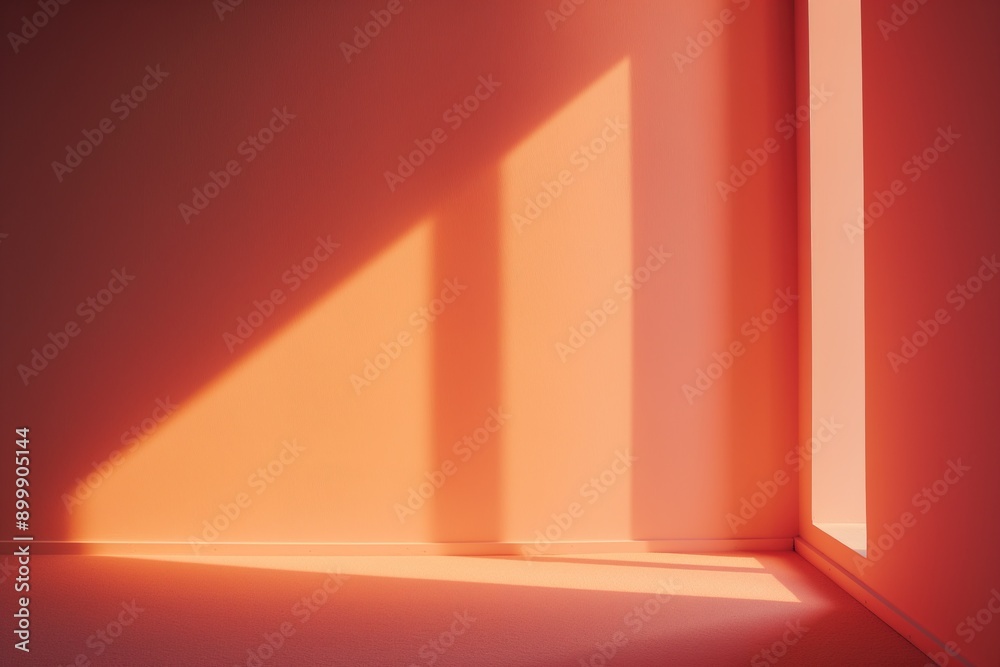 Empty room with orange wall and sunlight. 