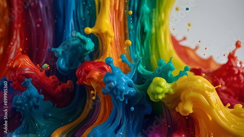 Color liquid ink splash abstract background rainbow art. Rainbow splash collage mix flow drip. Fluid wave color yellow, red, green, blue isolated. Liquid ink palette motion