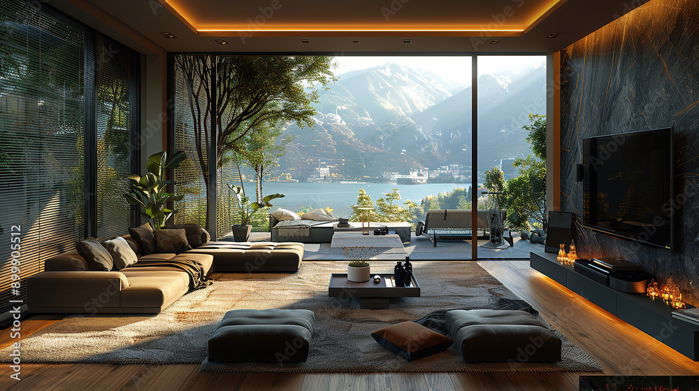 Fototapeta premium Modern smart home interior, showcasing a spacious living room with cutting-edge technology seamlessly integrated into the design. Include automated window blinds. Generative AI