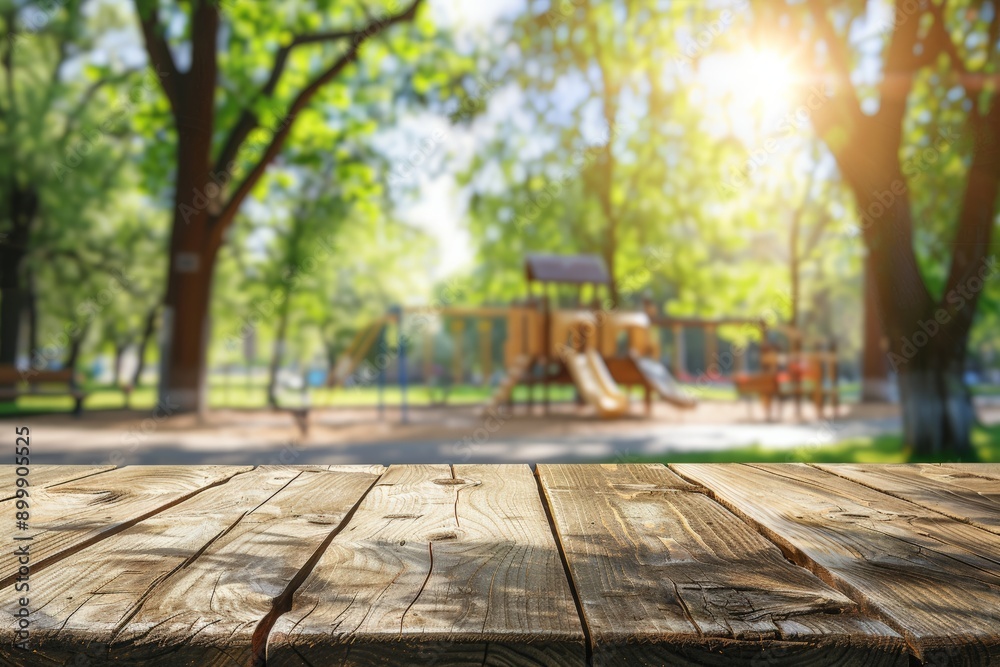 wooden table with a blurred background of a children's playground in a park on a sunny summer day, Perfect for product displays or presentations wooden table with a blurred background of a children's playground in a park on a sunny summer day, Perfect for product displays or presentations