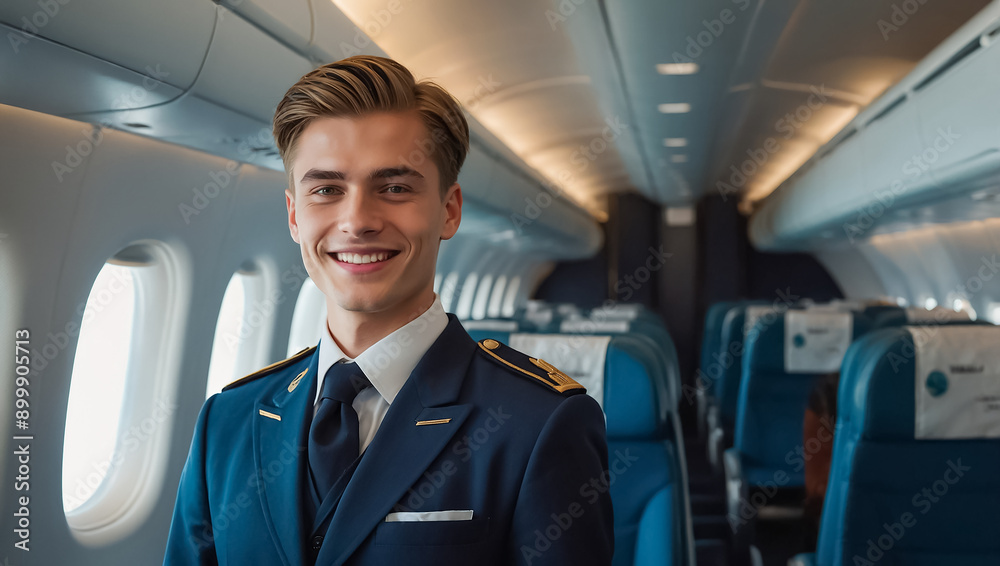 smiling male steward on the plane smiling male steward on the plane
