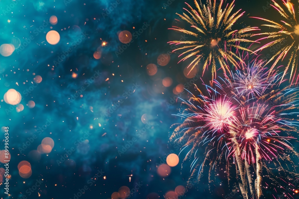 Fototapeta premium Colorful fireworks lighting up the night sky over a city celebration event.