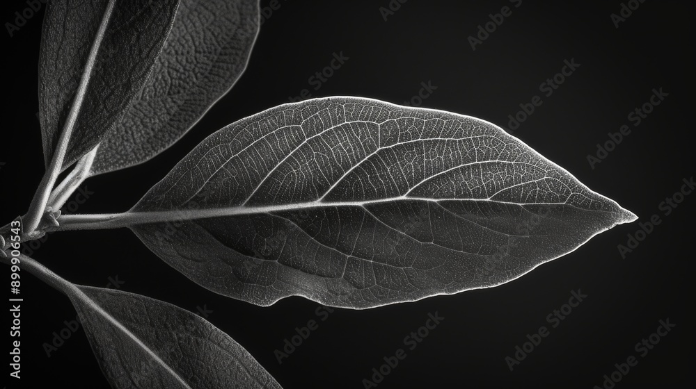 Obraz premium A detailed black and white photograph of a single leaf, emphasizing its texture and vein patterns. The high contrast and simplicity make it an elegant piece for nature and botanical art collections.