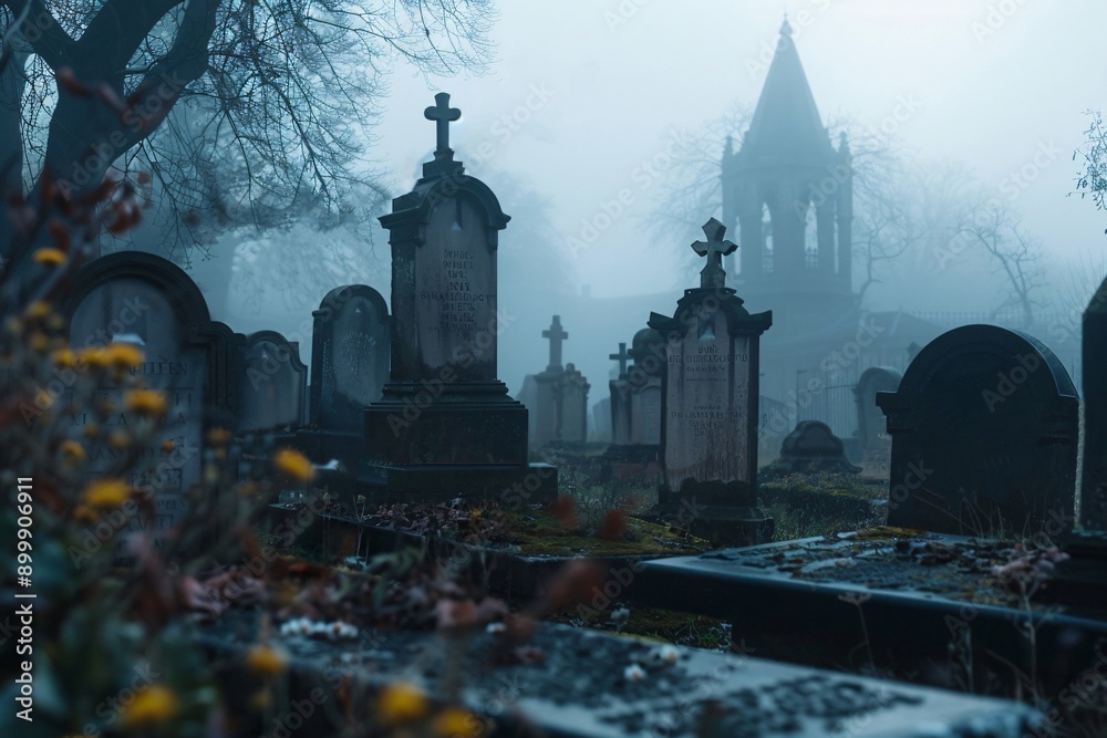 Fog rolling in over an old cemetery with a church in the background Fog rolling in over an old cemetery with a church in the background