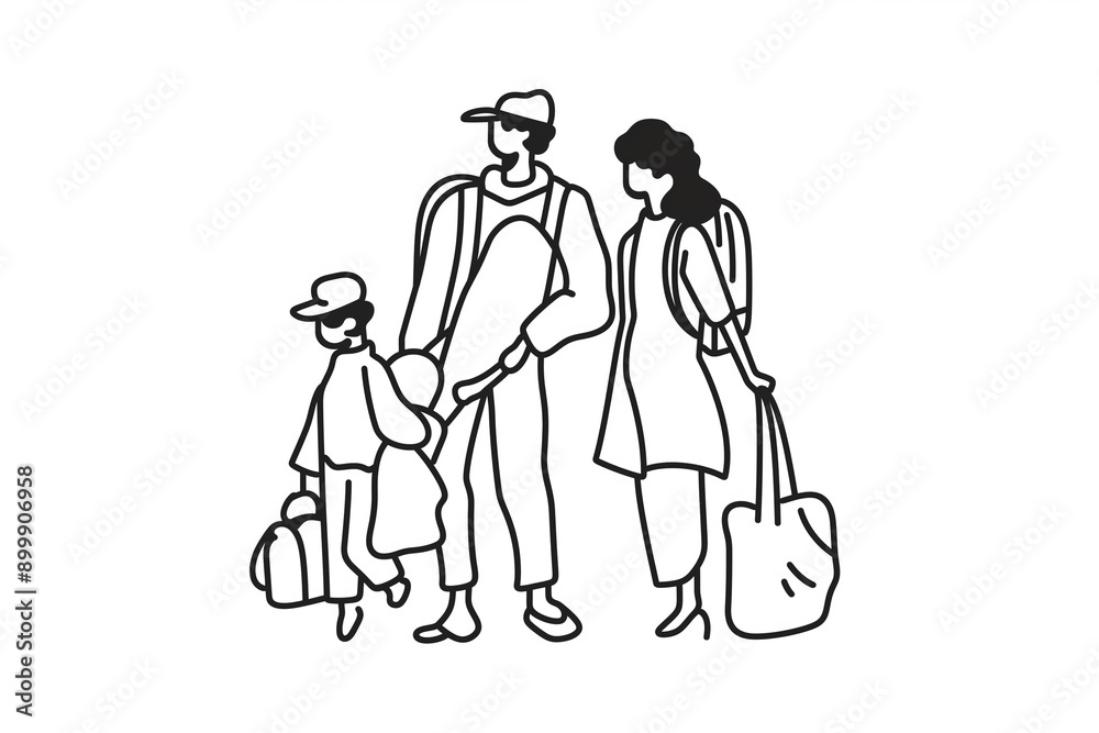 Minimalist line art illustration of a refugee family, vector graphic design elements for a social media post about homelessness and housing crises. Vector Illustration Minimalist line art illustration of a refugee family, vector graphic design elements for a social media post about homelessness and housing crises. Vector Illustration