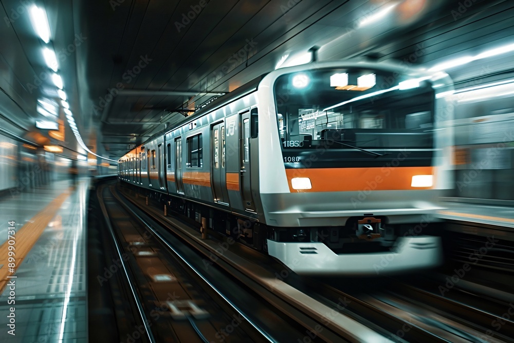 Modern train passing through subway station at high speed Modern train passing through subway station at high speed
