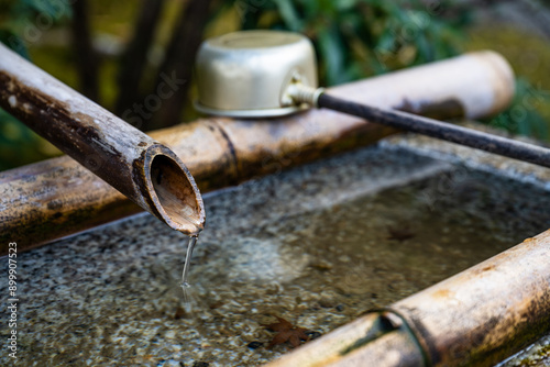 Japanese alms bowl in a Japanese garden with clean water flowing through bamboo tubes photo