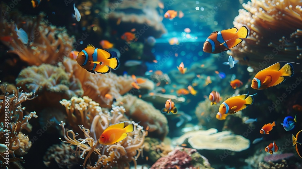 Tropical sea underwater fishes on coral reef. Aquarium oceanarium wildlife colorful marine panorama landscape nature snorkeling diving