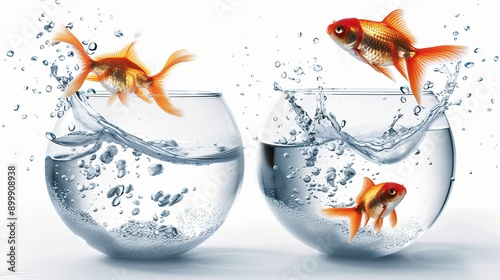 Two fish changing homes. Goldfish jumping from glass fish bowl into another one on blue background photo