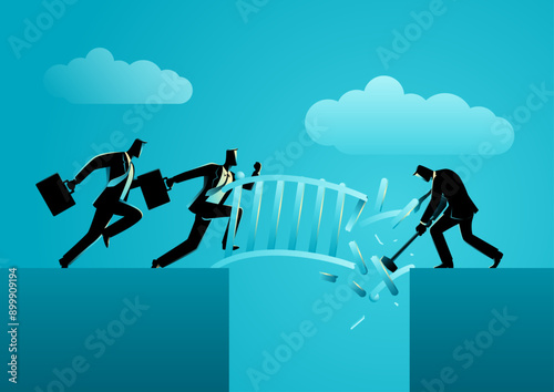 Businessman using a sledgehammer to destroy a bridge, preventing other businessmen from crossing. Ideal for business rivalry, competitive strategy, barriers to success, and sabotage themes