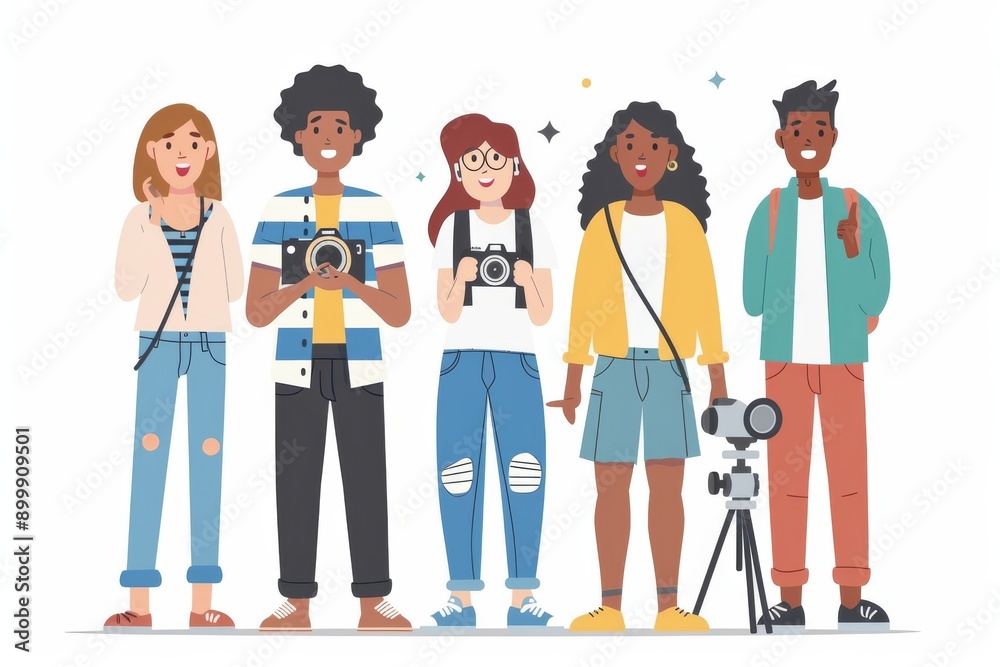 Fototapeta premium Group of diverse students holding various gadgets and cameras representing media and technology in education