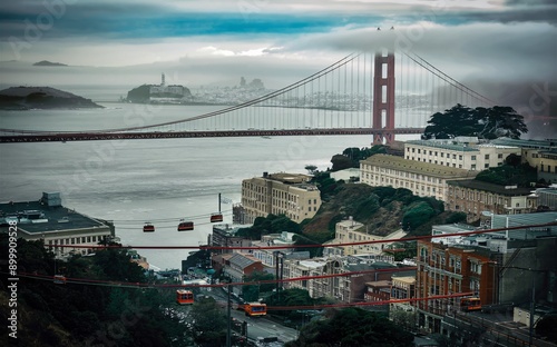 San Francisco Golden Gate Bridge with Alcatraz Island and cable cars