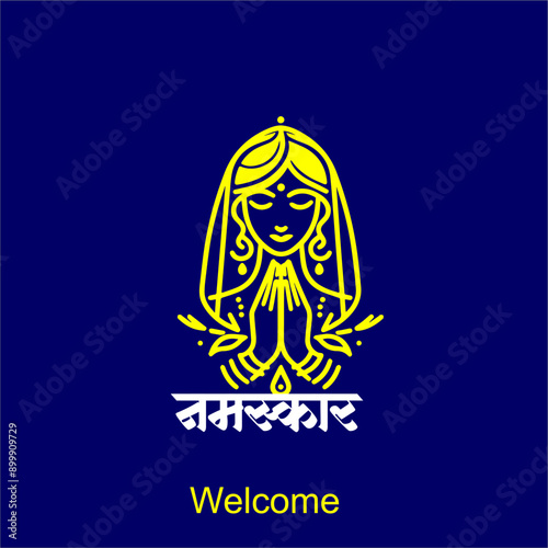 Indian women in traditional clothing with namaste hand, Welcoming design