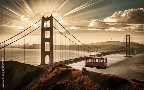 San Francisco Golden Gate Bridge with Alcatraz Island and cable cars photo