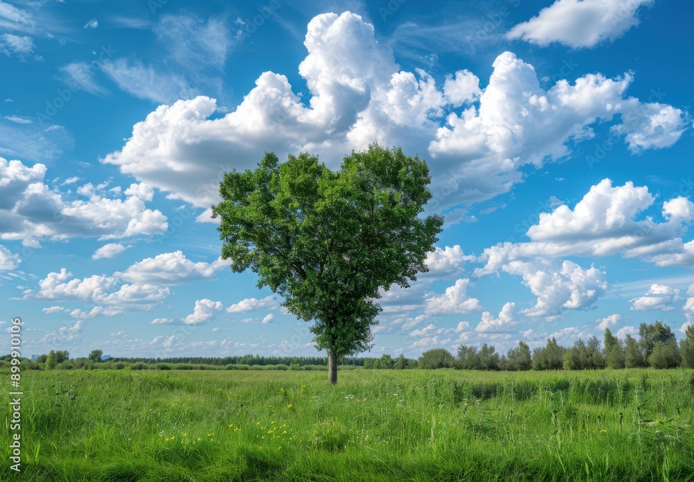 Fototapeta premium heart-shaped tree stands alone in the middle of an open field, surrounded by tall grass