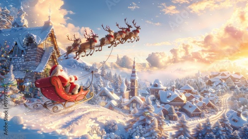 Santa Claus flying in his sleigh with reindeer over a snowy village.