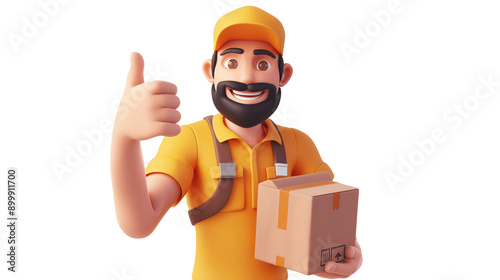 Delivery man holding box and giving thumbs up