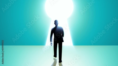 Motion graphic shows a man walking into a bright gate shaped like a keyhole. Perfect for opportunity, new beginnings, and discovery themes, symbolizes unlocking potential and stepping into the future