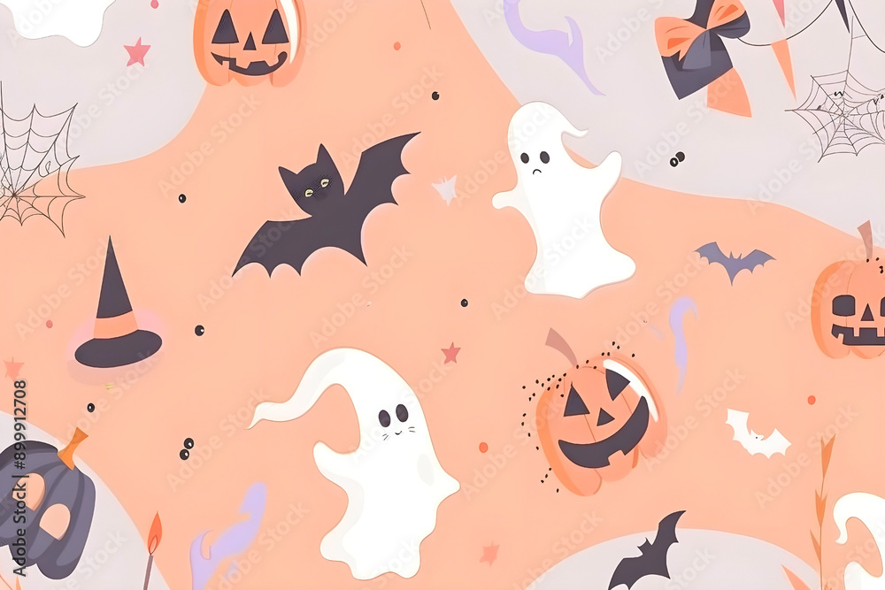 Halloween-themed illustration with ghosts, bats, pumpkins, and spider webs on a peach background Halloween-themed illustration with ghosts, bats, pumpkins, and spider webs on a peach background