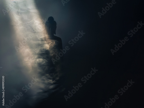 Ethereal Buddha: Mystical Light Rays. Buddha in foggy mist generated AI