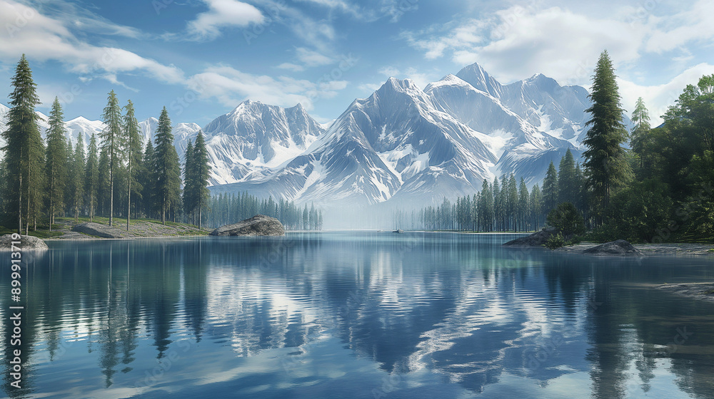 Mountain lake with snow-capped peaks and lush green forest. Mountain lake with snow-capped peaks and lush green forest.