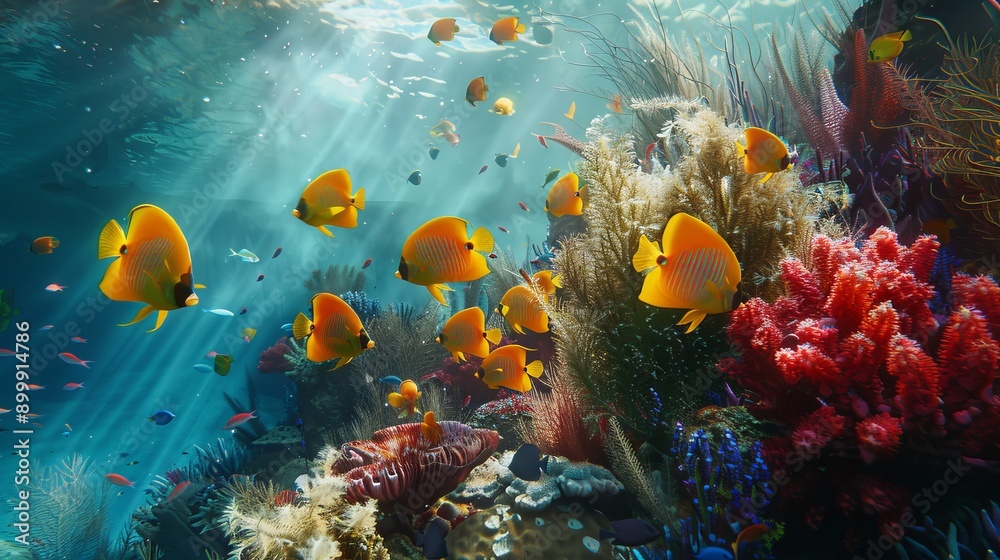 Obraz premium a school of bright yellow angelfish, swimming amidst a lush coral garden