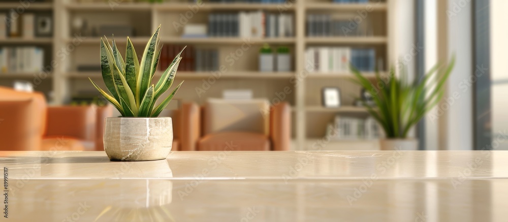 A beige marble countertop in the foreground, with an out-of-focus living room interior featuring bookshelves A beige marble countertop in the foreground, with an out-of-focus living room interior featuring bookshelves