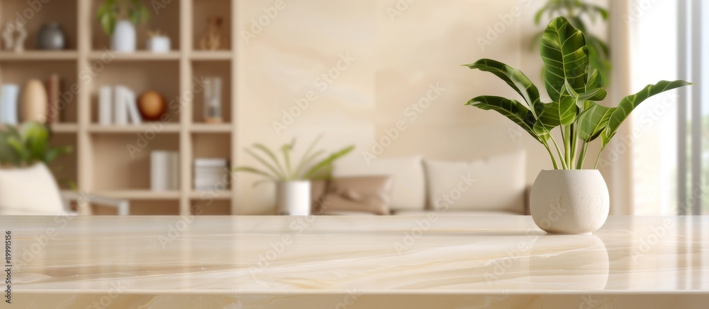 A beige marble countertop in the foreground, with an out-of-focus living room interior featuring bookshelves A beige marble countertop in the foreground, with an out-of-focus living room interior featuring bookshelves