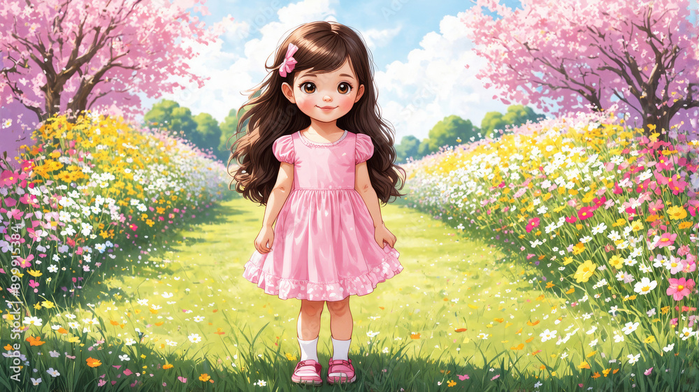 Cute Little Girl in Pink Dress Walking Through Flower Field on a Sunny ...