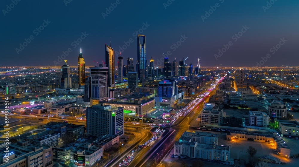 Fototapeta premium Aerial View of Riyadh Cityscape at Night with Illuminated Buildings and Traffic