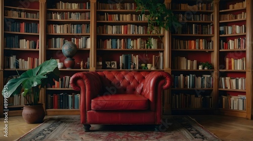 A warm and cozy home library, a red and crimson sofa in front of the library, a cozy and pleasant atmosphere, pots with large and attractive leaves.