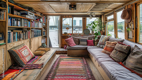 Houseboat with a warm living space filled with books and cushions. photo