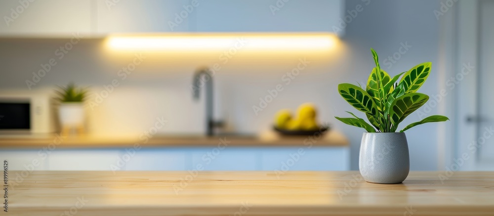 A blurred background of an empty kitchen countertop with a wooden surface and white walls A blurred background of an empty kitchen countertop with a wooden surface and white walls