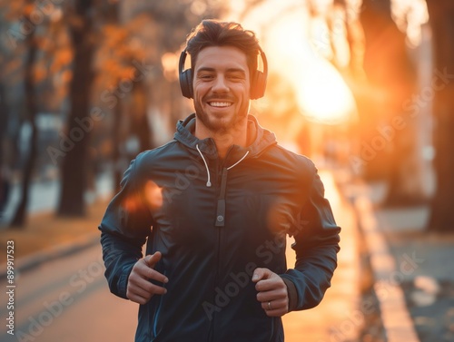 Homem correndo ao ar livre, fazendo atividade física com lindo sol ao fundo photo