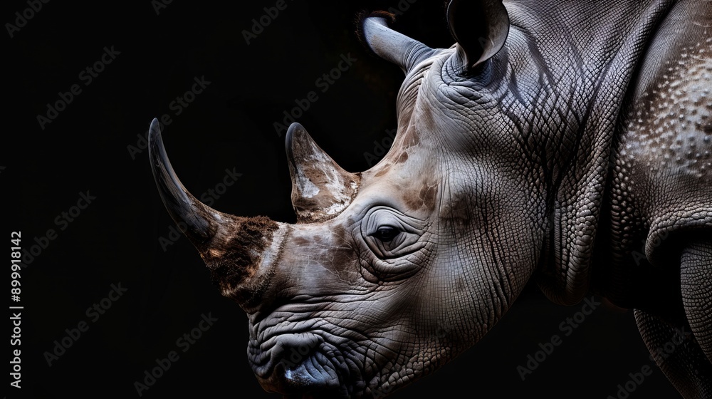 Southern White Rhino or Rhinoceros isolated on black background Southern White Rhino or Rhinoceros isolated on black background