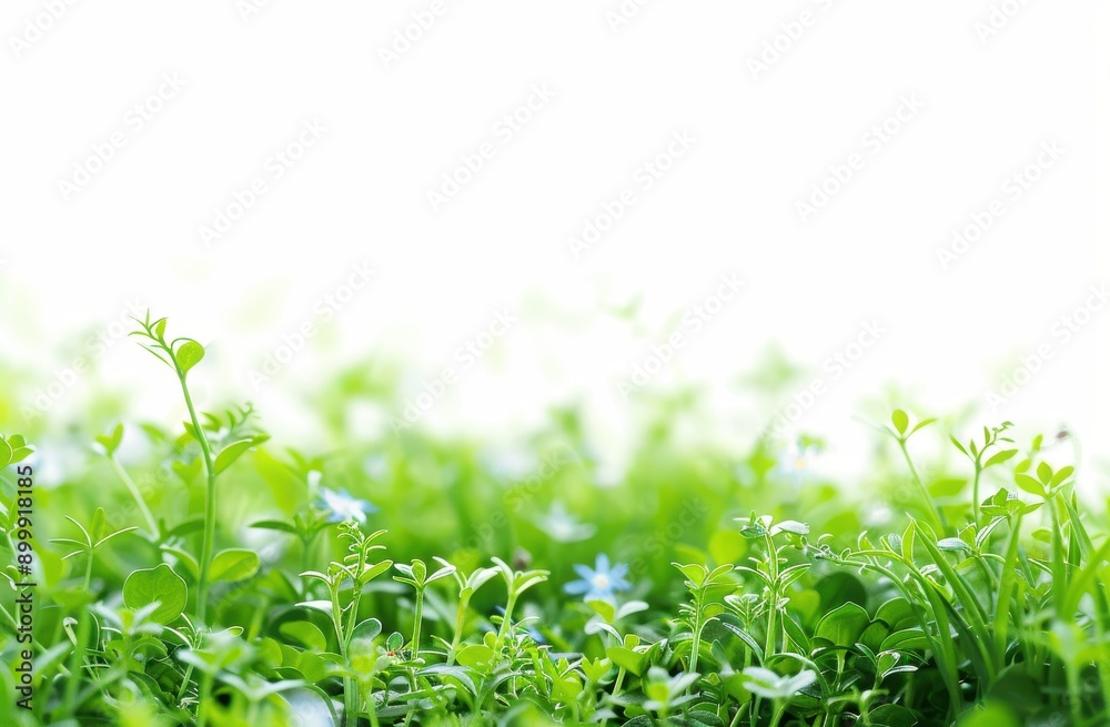 green grass field with wild flowers, white sky background, blurred background