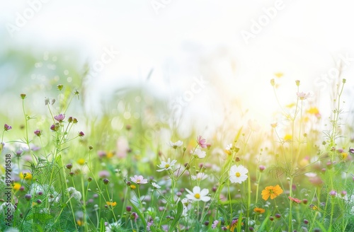 green grass field with wild flowers, white sky background, blurred background