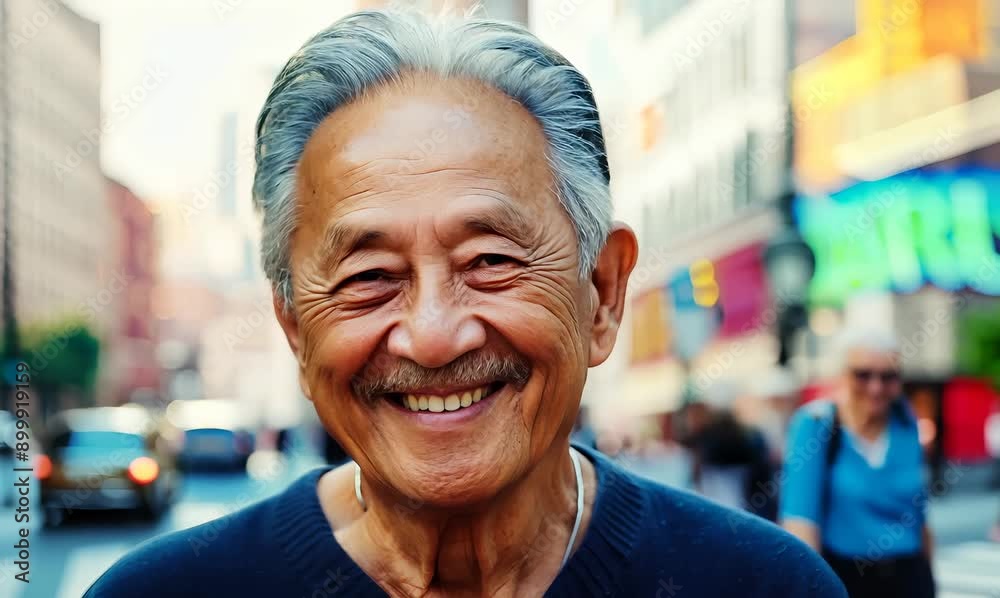 Cheerful senior man with gray hair smiling in cityscape Cheerful senior man with gray hair smiling in cityscape