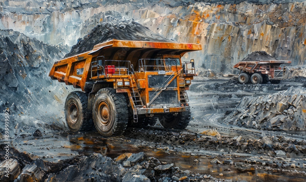 Dump trucks filling up with overburden and carting it through open cut coal mine Dump trucks filling up with overburden and carting it through open cut coal mine