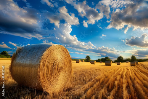 Straw bales harvest on stubble field under blue sky, rural, straw bales, harvest, countryside, landscape