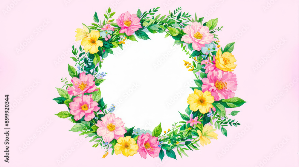 Beautiful Floral Wreath Illustration with Pink and Yellow Flowers on Light Pink Background - Perfect for Invitations and Greeting Cards Beautiful Floral Wreath Illustration with Pink and Yellow Flowers on Light Pink Background - Perfect for Invitations and Greeting Cards