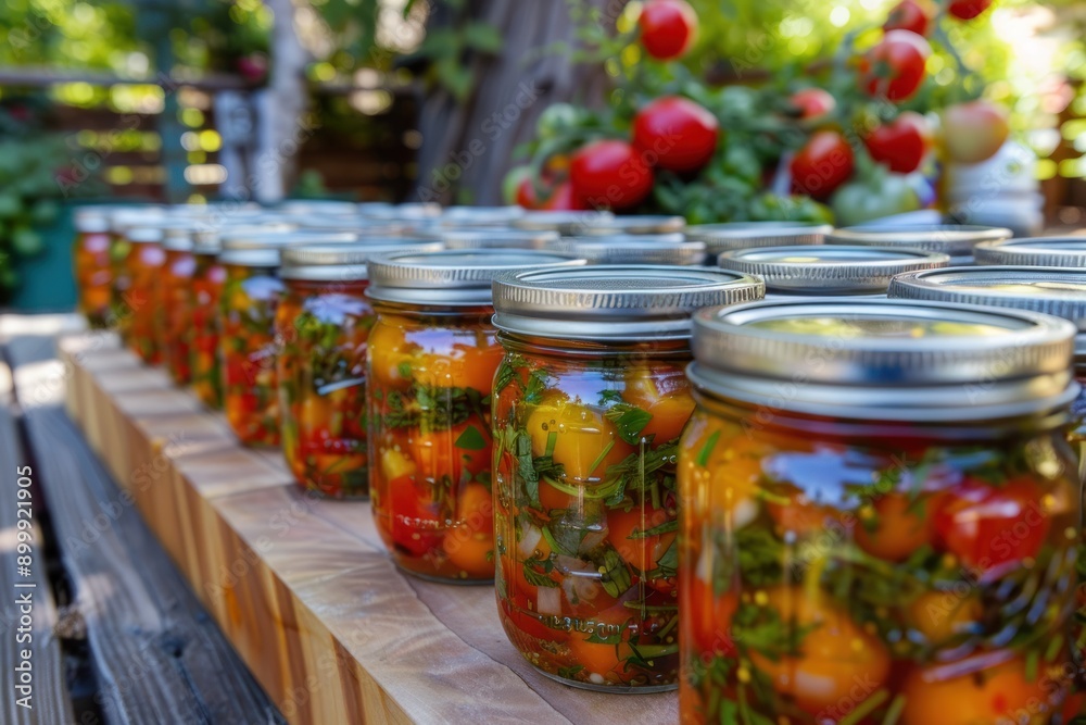 Row of Jars Filled With Tomatoes and Herbs Row of Jars Filled With Tomatoes and Herbs