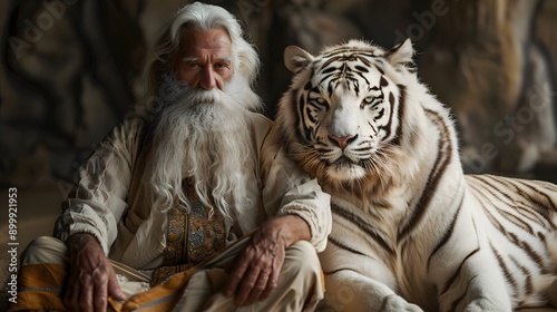 Elderly man with a long white beard sitting next to a majestic tiger © Loki Studio