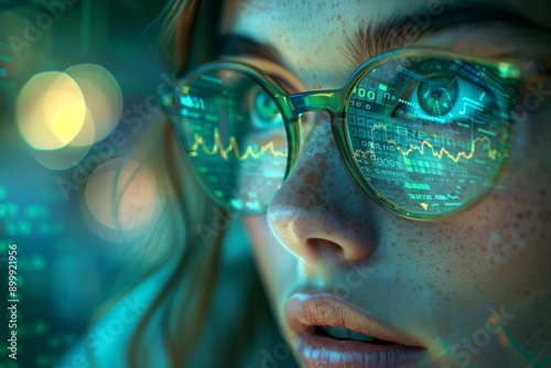 This image shows a person with glasses closely observing computer screens filled with data, indicating a focused and analytical mindset, perfect for themes involving technology and data analysis. photo