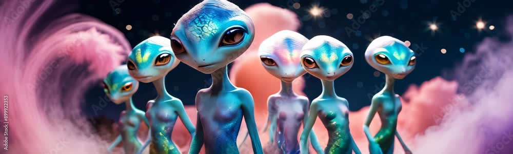 aliens with large eyes and slender bodies standing together against a cosmic background. Copy space template web site banner